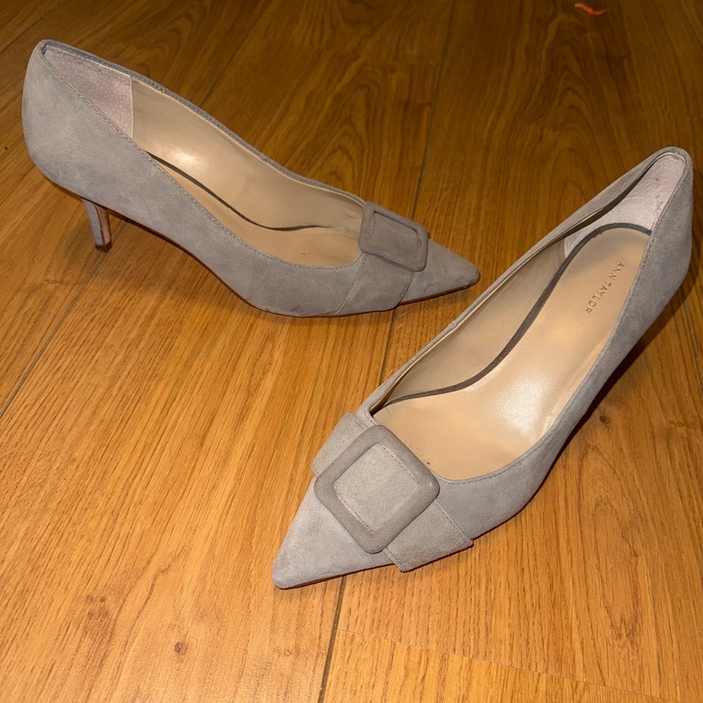 Ann Taylor Gray Suede Heels with Buckle